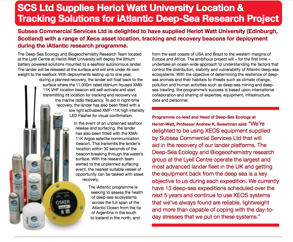 Xeos水下信标在英国赫瑞瓦特大学 (Heriot Watt)大西洋深海研究项目广泛应用(图1)